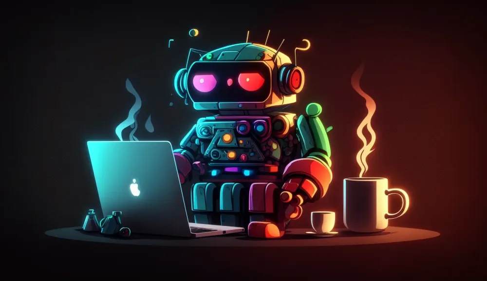Hero image for the third issue with a robot sitting at the desk and looking down at the laptop.